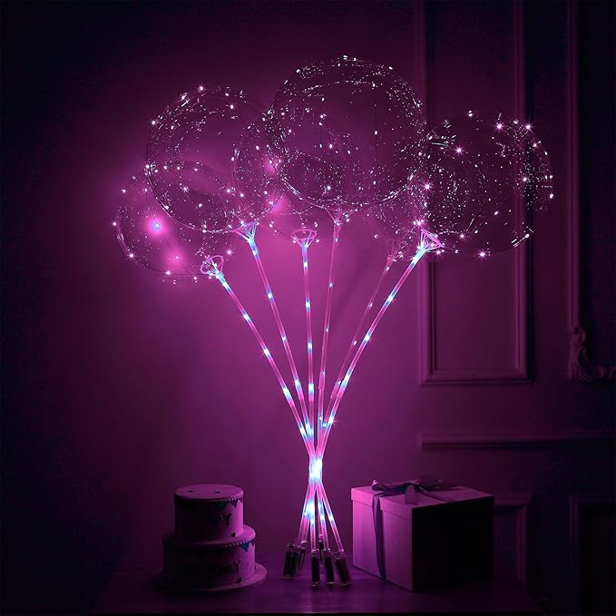 LED Balloons Light Up, 10 Pack LED Balloons with Sticks, 20 Inch Clear Bobo Balloon with Lights Helium Glow Bubble Lights for Party Supplies Valentines Decor (Pink)