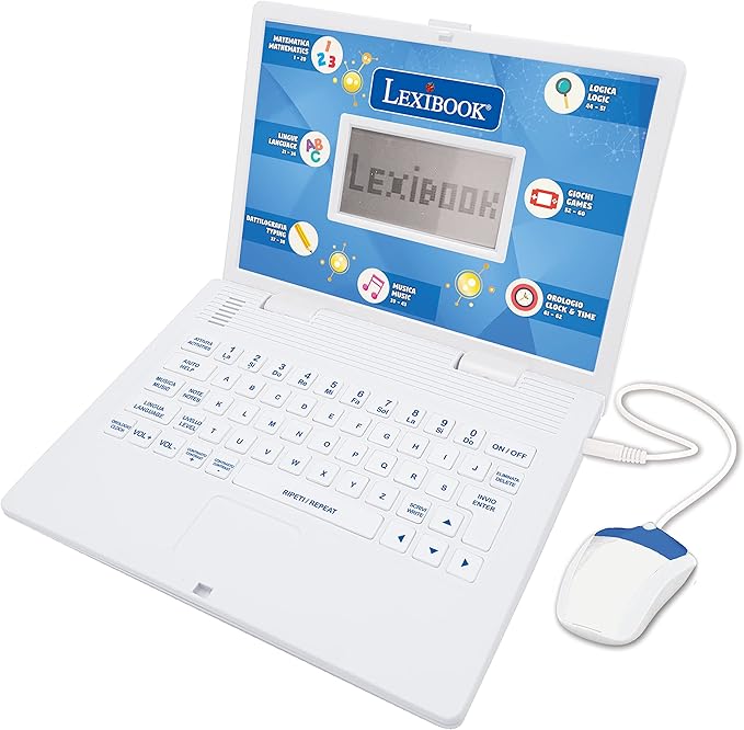 LEXIBOOK, Educational and Bilingual Laptop Italian/English, Toy with 124 Activities to Learn Mathematics, Dactylography, Logic, Clock Reading, Play Games and Music, White, JC598i5