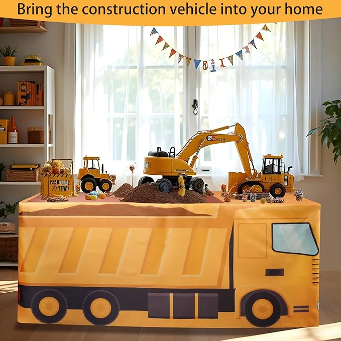 8Ft Construction Vehicle Table Cloth,Construction Birthday Decorations for Kids' Boys' Party Decorations, Baby Shower Birthday Party Supplies