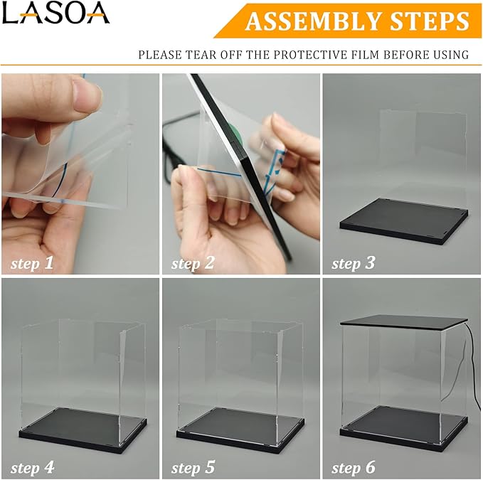 LASOA Acrylic Display Case with Warm Color Changing LED Light, Clear Display Box for Action Figures and Collectibles, Self-Assembly Dustproof Showcase with Black Base, 9.8x9.8x9.8inch