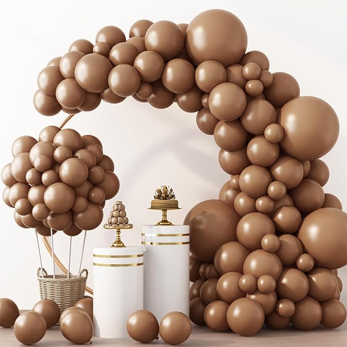 RUBFAC Brown Balloons 129pcs Different Sizes Pack of 18 12 10 5 Inch, Latex Boho Neutral Coffee Tan Balloon Garland Arch Kit for Safari Baby Shower Decorations Jungle Fall Bear Themed Birthday Party