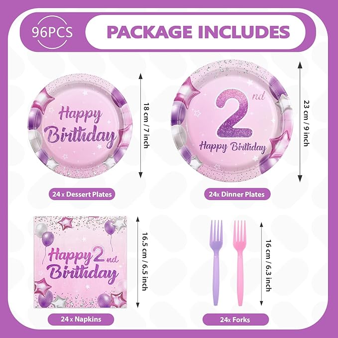 96Pcs Pink Purple 2nd Birthday Party Decorations Pastel 2nd Birthday Plates and Napkins Tableware Sets Pink Star Decorations Favors for Girls Baby Two Year Old Party Supplies Serves 24