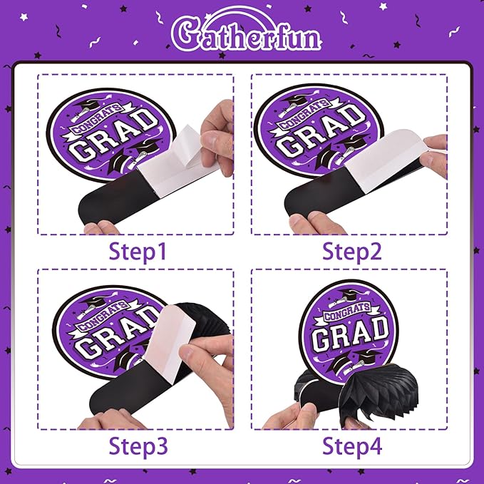 9PCS Graduation Party Decorations Class of 2026 Congrats Grad Table Centerpiece Congratulate Graduation Honeycomb Table Toppers for Graduation Party Supplies(Pueple,Black）