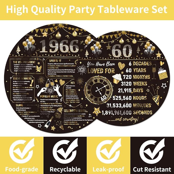 96PCS 60th Birthday Plates and Napkins Party Supplies 60th Birthday Decorations for Women Men 60th Anniversary Decorations Cheers to 60 Years Vintage Tableware Sets Serve 24 Guests