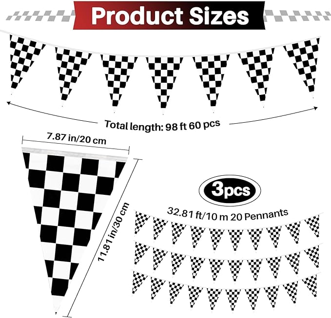 98 Feet Black and White Checkered Flag Banner - Checkered Pennant Banner Racing Flag for Nascar Race Car Themed Birthday Party Decorations Supplies