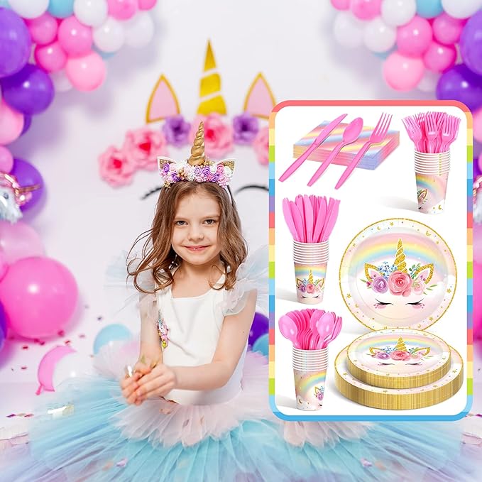 Meanplan 168 Pcs Unicorn Party Tableware Supplies Set Include Rainbow Unicorn Paper Plates Napkins Cups Knives Forks Spoons for Girls Guests Birthday Baby Shower Party Favor Serves 24 Guests