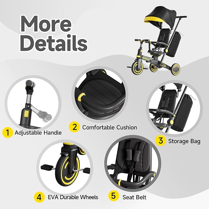 WinHope 9-in-1 Push Tricycle for Toddlers 1-3 Years, Convertible Kids Trike with Push Handle & Safety Belt, One-Client Foldable Design + Storage Basket, Birthday Gift and Toy for Boys and Girls(Black)