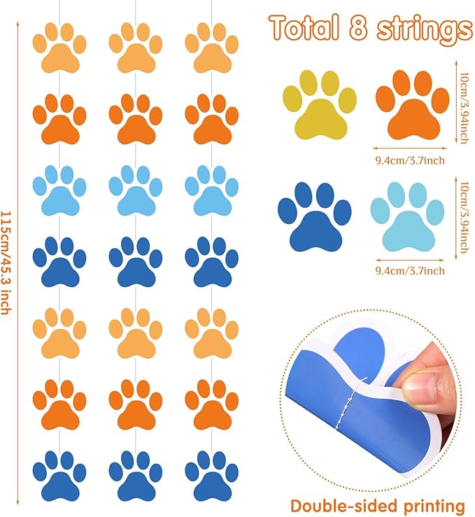 Duraaamo 8 Packs Dog Party Banner Decorations Blue Paw Print Paper Garland Dog Birthday Paper Hanging Cutouts Colorful Paw Banners for Lets Pawty Pet Birthday Party Supplies Decor(Light Paws)