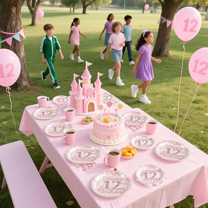 Grencian 12th Birthday Decorations Rose Gold 12th Birthday Plates and Napkins Disposable Rose Gold Official 12 Pre-Teen Paper Tableware Set for Girls 12 Year Old Party Supplies, Serves 24