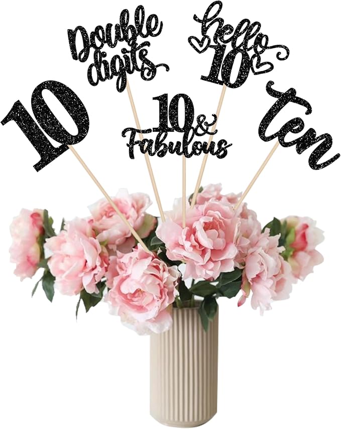 15PCS Happy 10th Birthday Centerpiece Sticks Ten Hello 10 Cheers to 10 Birthday Table Flower Centerpieces Sticks Double Digits 10 Fabulous Floral Decoration for 10th Birthday Party Centerpieces Black