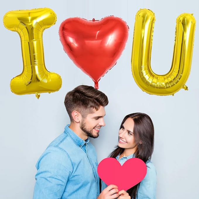 TONIFUL 40 Inch I Love You Foil Letter Balloons - Huge Heart Shaped Decoration for Valentine's Day, Wedding, Bridal Shower, Anniversary, Engagement Party Supplies (Gold, 3 Pcs)