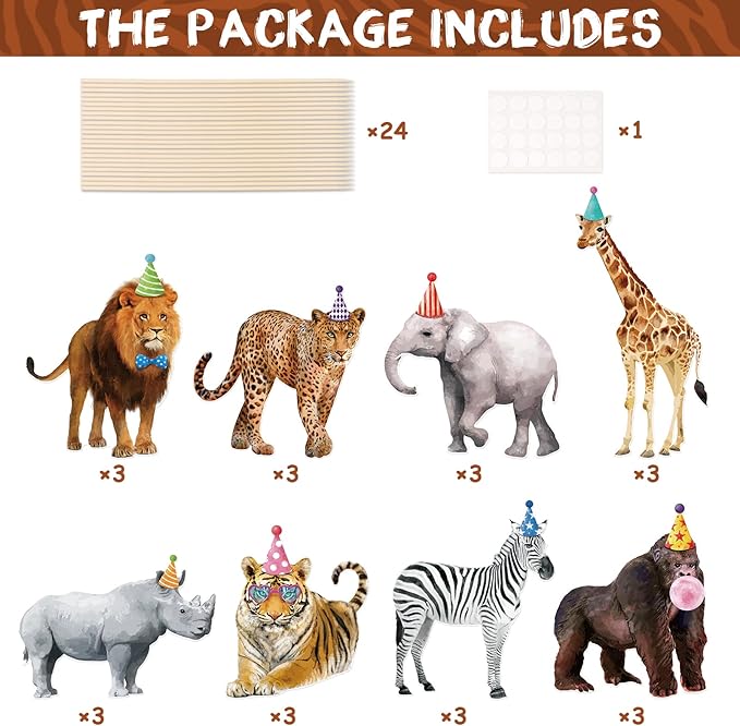 Safari Animals Party Decorations Jungle Animal Centerpiece Sticks Cutouts Table Toppers for Birthday Baby Shower Party Supplies Set of 24