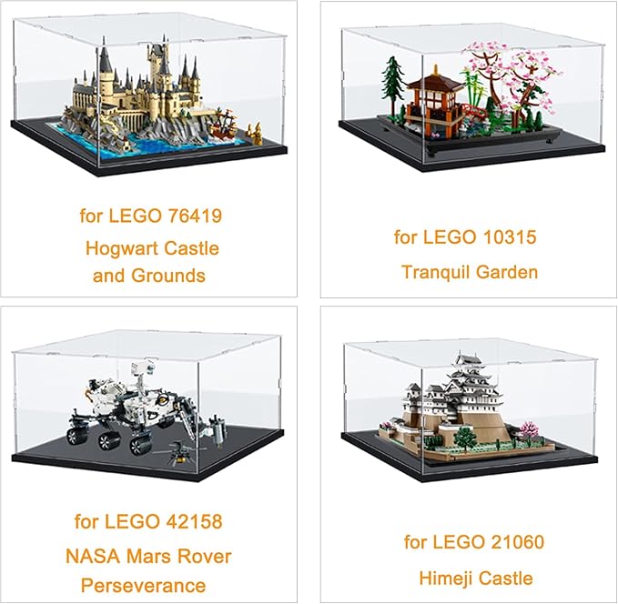 Thickened Clear Acrylic Display Case for Lego 76419 Hogwarts Castle and Ground for 10315 Tranquil Garden 42158 21060 Collectibles, Transparent Box Dustproof with Light, Black Inside 15.7x11.8x9.8 in
