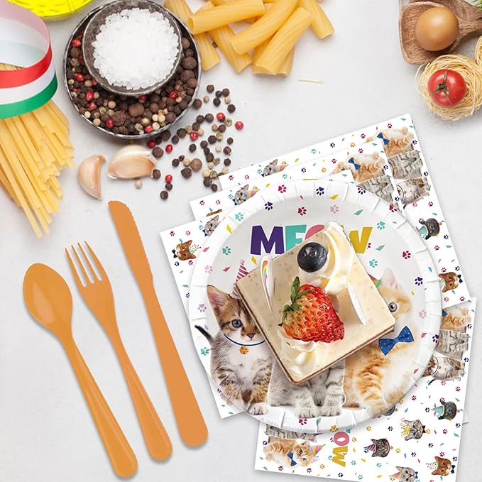 41pcs Cat Party Supplies,Pet Cat Birthday Party set Include dessert plate,Napkin and Tablecloth,Used for Cat Birthday Party Decoration