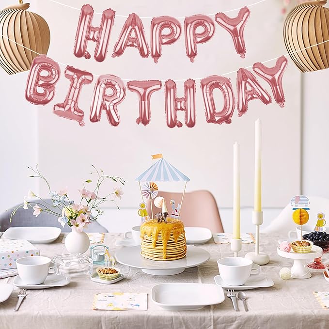 Happy Birthday Balloons Banner Rose Gold 16 Inch Mylar Foil Letters | Inflatable Party Decor and Event Decorations for Kids and Adults | Reusable, Ecofriendly Fun