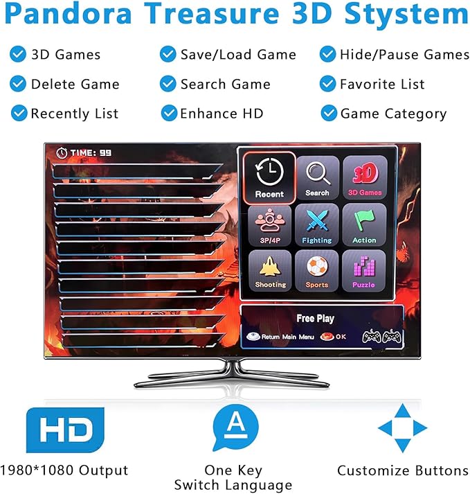 [32000 Games in 1 78S Pandora Box Arcade Game Console Compatible PC & Projector & TV,3D Games 1-4 Players Double Joystick Favorite List Game Category Save/Search/Hide/Pause