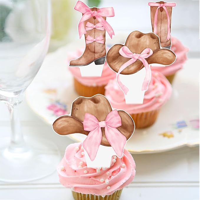 Cowgirl Boots and Hat Pink Bow Cupcake Toppers Coquette Cowgirl Cake Decorations 48PCS Boots and Hats Cupcake Picks Western Cowgirl Birthday Decorations for Girls Wild West Rodeo Party Supplies
