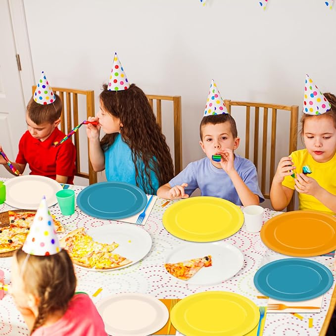 96PCS orange and yellow Party Paper Plates and Napkins for Boho Sun Party Supplies Retro Blue Orange Mustard Yellow Disposable Tableware Set for 24 Guests Baby Shower Birthday Parties Decorations