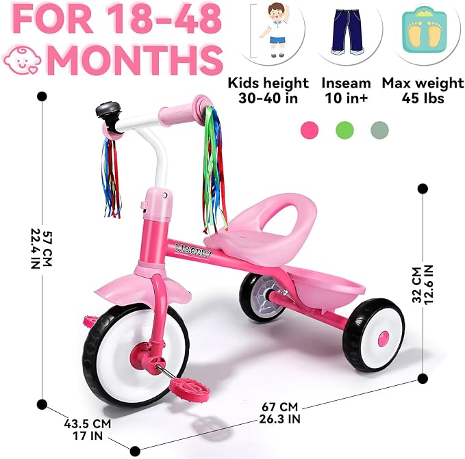 Liberry Toddler Tricycle Age 2 3 4 Years Old, Kids Trike with Bell, Back Basket and Removable Pedal, 3 Wheel Bike Birthday Toys Gift for Girls Boys, Pink