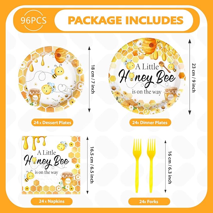 96Pcs Bee Baby Shower Decorations Honey Bumble Bee Baby Shower Plates and Napkins Tableware Sets A Little Honey is On The Way Party Decoration for Bees Gender Reveal Birthday Party Supplies Serve 24