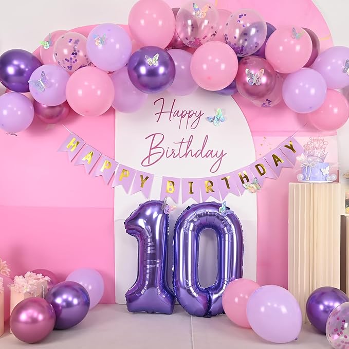 10th Birthday Decorations for Girl,Pink Purple 10th Butterfly Birthday Decorations 10th Birthday Balloons Pink Purple Birthday Banner Number 10 Balloons Cake Topper Butterfly Party Supplies for Girls