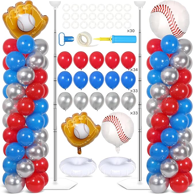 2 Sets Baseball Balloon Column Stand Kit With 102 Red Blue Silver Baseball Glove Foil Balloons Sport 5.57ft Adjustable Balloon Tower Stand With Bases Adjustable Arch Column for Game Birthday Supplies