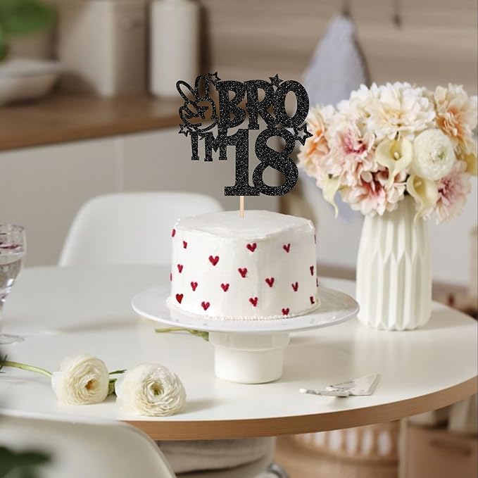 1 PCS Brother I'm 18 Cake Topper Glitter Star Happy 18th Birthday Cake Pick Bro I'm 18 Cake Decoration It's My 18th Birthday Decorations for Boys Cheers to 18 Years Old Birthday Party Supplies Black