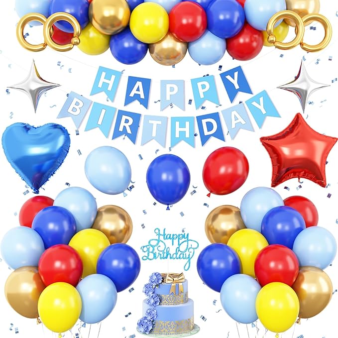 Red Blue Yellow Gold Birthday Decorations,Carnival Circus Party Balloons Banner Cake Topper Star Heart Foil Balloon for Baby Shower Carnival Party