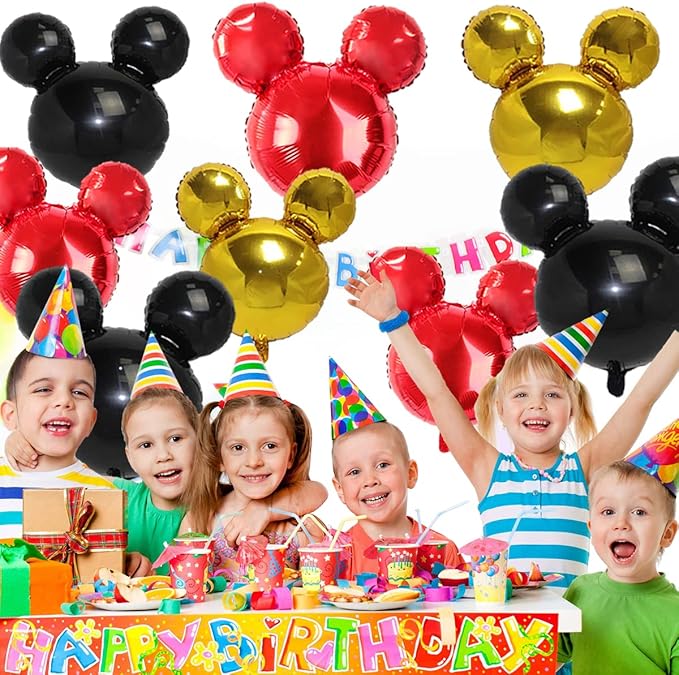 9Pack Mouse Party Foil Balloons, 27” Black Red Yellow Balloons for Cartoon Mouse Party, Baby Shower, Kids Birthday Theme Party Decoration Supplies