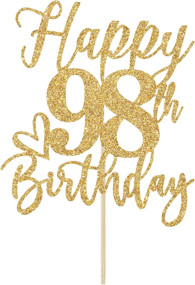 Happy 98th Birthday Cake Topper, 98th Birthday Decorations for Men/Women, Cheers to 98 Years, 98 Fabulous, 98th Happy Birthday Party Supplies Gold Glitter