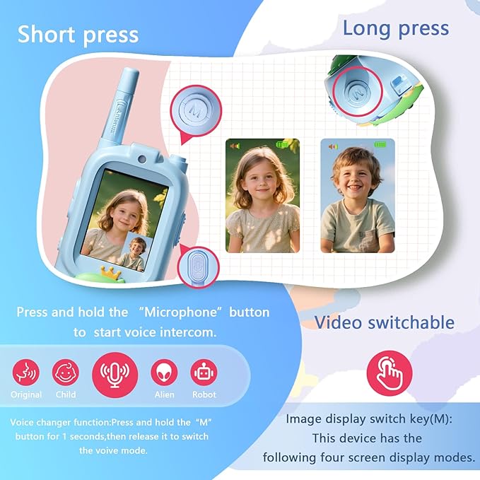 Video Walkie Talkies for Kids, Kids Walkie Talkies with Screen & Voice Changer, 1000 Feet Range, 2 Pack Rechargeable Walkies Talkies for Indoor Outdoor Games, Camping, Hiking for Boys Girls (Blue)