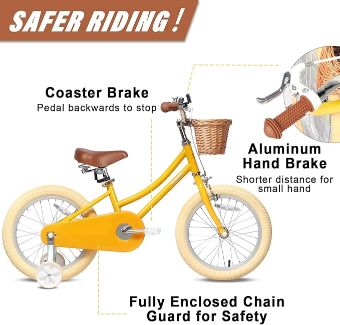 Petimini Vintage Kids Bike for Girls, 12–20 Inch Classic Bicycle with Wicker Basket & Bell, High Tensile Steel Frame, Training Wheels (12–18”), 85% Pre-Assembled, Retro Bike for Outdoor Riding