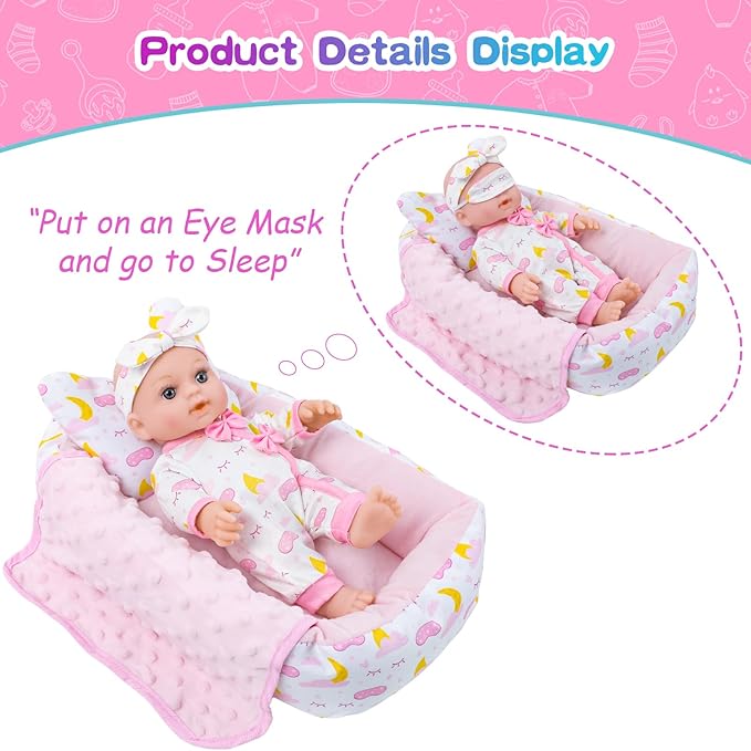 12 Inch Baby Doll Crib Playset with Dolls Clothes and Accessories Including Soft Sleep Bassinet Bed, Bottles, Nipple, Eye Mask, Slippers, Blanket, Pillow, Gift Idea for Ages 3+