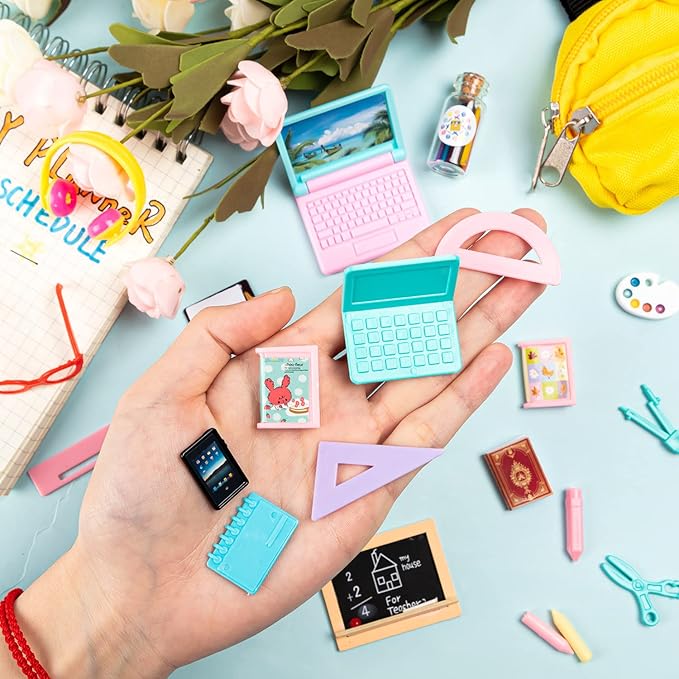 Mini School Supplies, 30Pcs Doll School Supplies Includes Mini Doll Backpack Laptops Glasses Blackboard Book Palette Paper Ruler Scissors Calculator for Dolls Accessories Set