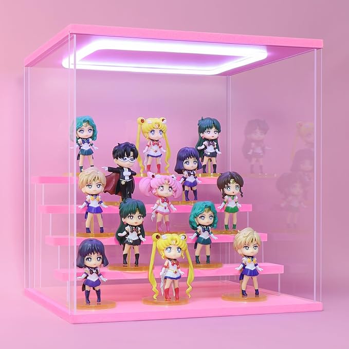 Clear Acrylic Display Case for Figure Pop mart Display- Funko Pop Storage Showcase with Lighting,Dustproof ,Multiple Layers Display case for Collectibles(5 Tier-W*D*H-12.6"x11.4"x13.3"inches)