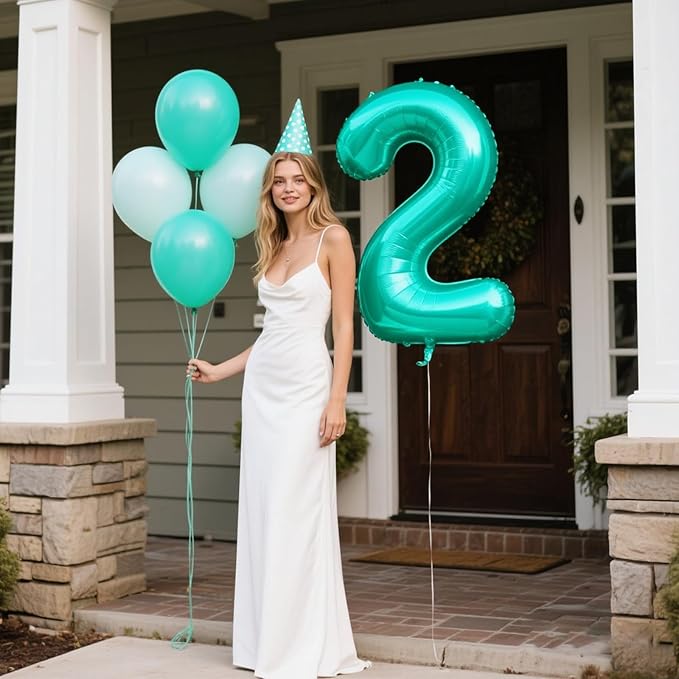40 Inch Teal Blue Balloon Number 2 Giant Two Balloons Number Birthday Decorations, 2nd 12 20 21st Party Celebration Decorations Digital Balloon Wedding Anniversary Party Supplies