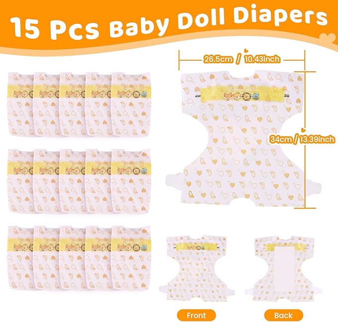 BABESIDE 15 Pcs Reborn Baby Doll Accessories Diapers Set for 17-24 Inch Dolls – Realistic Baby Doll Underwear with Cute Animal Pattern for Reborn Dolls