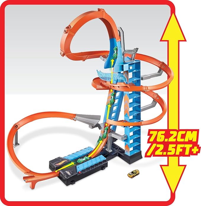 Hot Wheels Sky Crash Tower Track Set, 2.5+ ft / 83 cm High with Motorized Booster, Orange Track & 1 Hot Wheels Vehicle, Race Multiple Cars, Gift for Kids 5 to 10 Years Old & Up