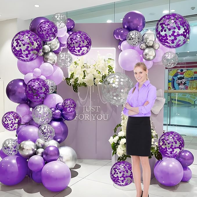 Purple and Silver Balloon Garland Arch Kit, 155Pcs Lavender Pastel Purple Lilac and Silver Confetti Balloons for Girls Women Wedding Birthday Baby Shower Graduation Party