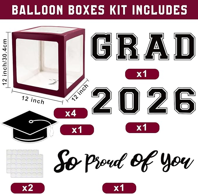 Maroon Themed 2026 Graduation Decorations Set - Balloons Boxes with Letters 2026 GRAD So Proud of You - Complete Party Supplies for High School & College Celebrations