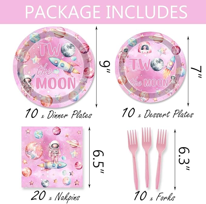 51 Pcs Outer Space Girls 2nd Birthday Party Supplies - Two The Moon Decorations & Tableware Includes Table Cloth, Plates, Napkins, Forks for Pink Space Two Years Old Party