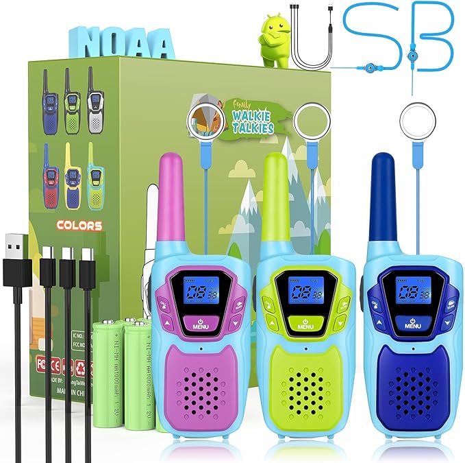 Walkie Talkies for Kids Long Range Walkie-Talkie for Adults Rechargeable 2 Way Radios 3 Pack with Lanyard NOAA USB VOX, Family Toys for 3-12 Year Old Boys Girls Toddlers Camping Hiking