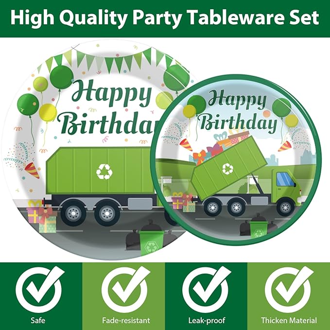 96 Pcs Garbage Truck Birthday Party Plates and Napkins Party Supplies Trash Trucks Party Tableware Set Waste Management Recycling Party Decorations Favors for Birthday Baby Shower for 24 Guests