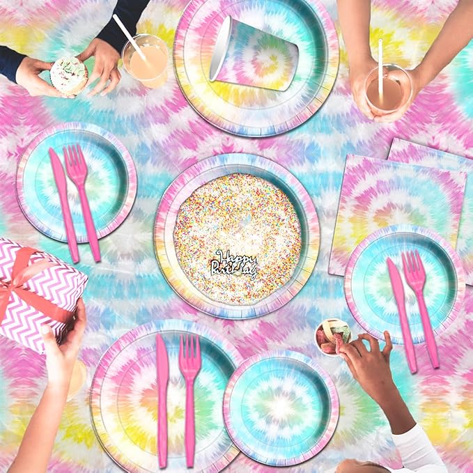 142Pcs Tie Dye Birthday Party Decorations,Colorful Birthday Party Supplies Tableware Includes Tie Dye Plates and Napkins,Cups,Tablecloth,Happy birthday Banner, Serve 20