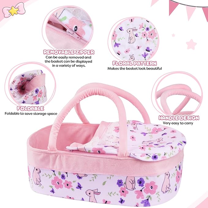BABESIDE 8 Pcs Reborn Baby Doll Clothes with Bassinet for 17-22 Inch Baby Dolls, Baby Dolls Clothes Doll Accessories Set with Bunny Toy for Realistic Baby Dolls Girl (Not Doll)