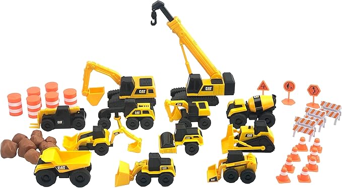 CAT Construction Toys, Little Machines Mega Set – 40+ Pieces with XL Crane & Excavator, 10 Mini Vehicles, Road Signs, Cones, Boulders & Barricades, Indoor/Outdoor STEM Toy for Kids Ages 3 +