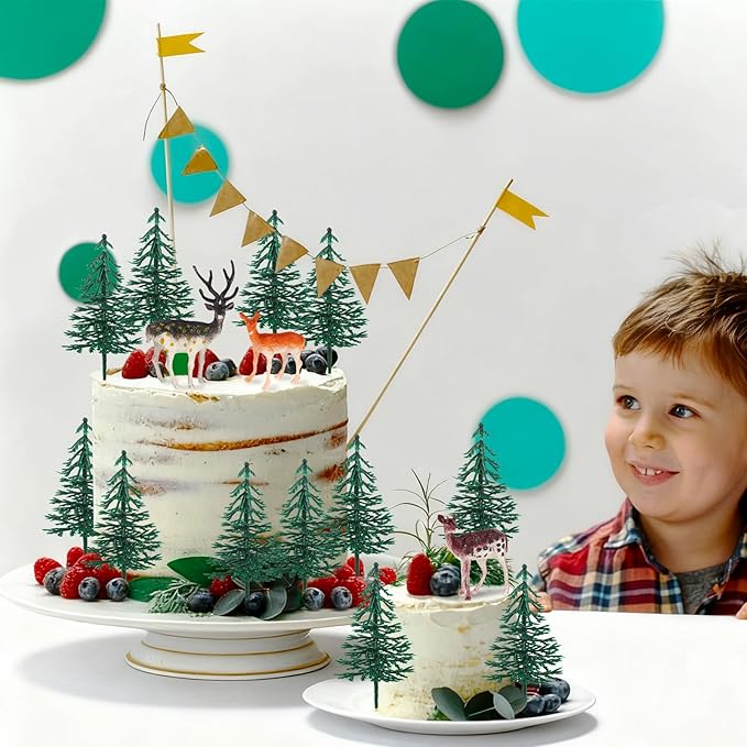 Hooqict 15Pcs Deer Christmas Tree Cake Topper with Tree Deer Figurines Hunting Cake Decorations for Winter Forest Woodland Birthday Party Supplies Animals Christmas Decorations