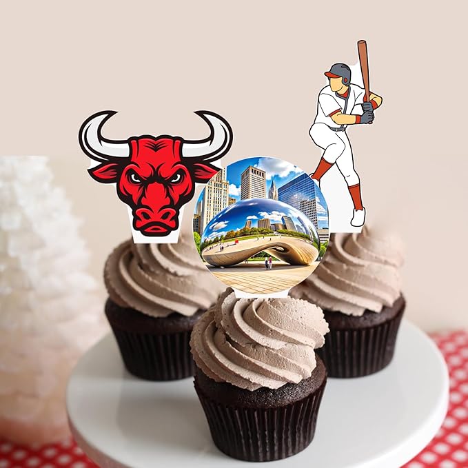 Chicago Cupcake Toppers US Chicago City Party Decorations 48PCS Chicago Theme Party Cupcake Picks Chicago Illinois Cake Decorations for Michigan Welcome to Chicago Party Supplies
