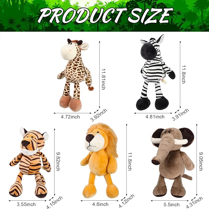 5 Pieces Safari Stuffed Animals Toy Set Includes Lions Tigers Elephants Zebras and Giraffes 11.8 Inch Wild Animals Soft Realistic Jungle Toys