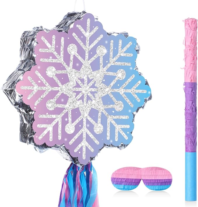 Snowflake Piñata Snowflake Birthday Decorations Wonderland Birthday Party Supplies Piñata with Blindfold Stick for Princess Party Supplies Decorations
